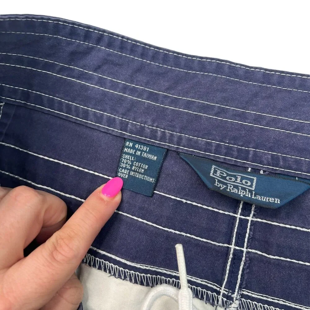 Polo Ralph Lauren Mens VTG Striped Swim Trunk Board Shorts Navy Blue White 38